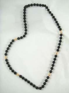 Vintage Black Glass Bead And Gold Accent Single Strand Necklace  