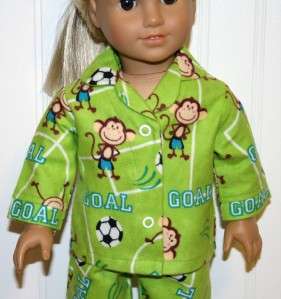   Girl Doll Clothes SOCCER GOAL MONKEYS Flannel Pajamas Ruthie Julie Kit