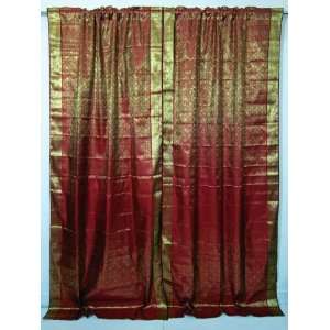  2 Dark Red Gold Brocade Silk Sari Curtains Silk Drapes 