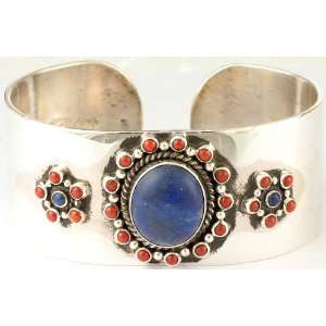  Lapis Lazuli and Coral Cuff Bracelet   Sterling Silver 