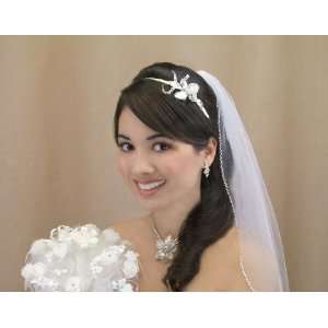  Headband with Bugle Beads, Rhinestones & Mesh Leaves 9812 