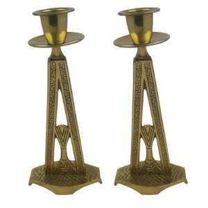 Shabbat Candle Sticks Holder Set. Made of Brass. Edged Triangle with 