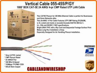 1000 ft. CAT 5E PLENUM 24 AWG/ 4 PR SOLID CAT5E GRY CMP  