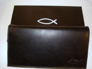 BLACK LEATHER CHRISTIAN FISH CHECKBOOK ID CARD WALLET  