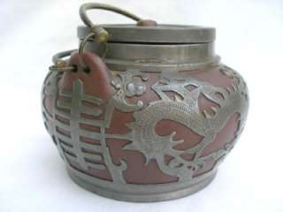 Vintage Chinese Red Earthenware & Pewter Teapot.  