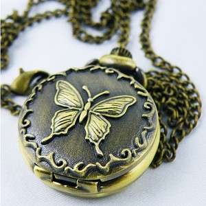 Antique Butterfly Quartz Pocket Watch Necklace Chain  