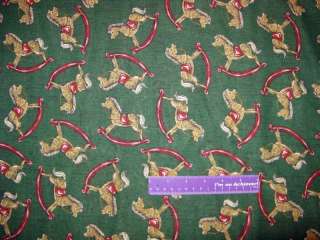 ROCKING HORSE Antique Toy Christmas Holiday Cotton Fabric BTFQ Green 