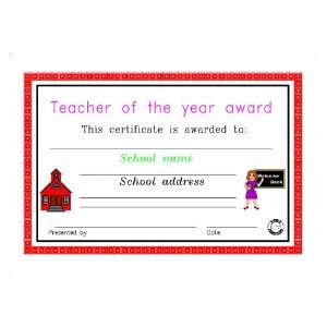  Teacher of the Year Award Certificate