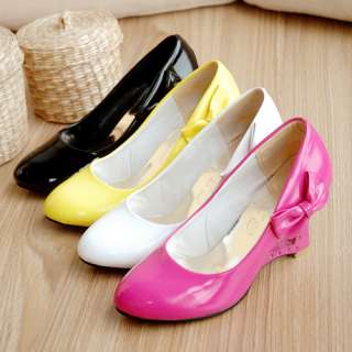Womens Fashion Wedge Shoes New Kitten Heels Cute Bow PU Leather Pumps 