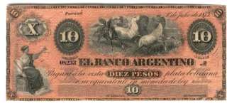 ARGENTINA NOTE BANCO ARGENTINO $10 1873 AU+  