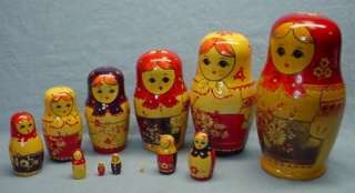 Vintage Russian Wooden Nesting Stacking Dolls   13 Piece Set  