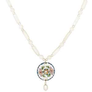 White Stone with White Freshwater Pearl and White Cloisonne Disc 