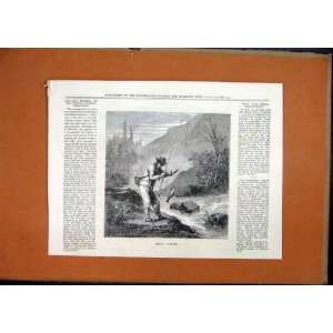  1877 Man Trout Fishing River Mountain Scene Old Print 