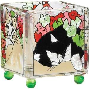 Cats & Geraniums Hand Painted Art Glass Mini Tea Light Candle Holder 