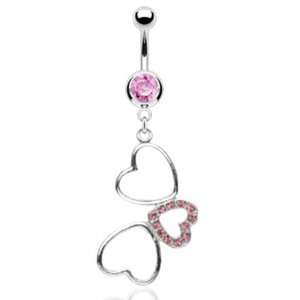 Dangling Heart Trio Belly Button Navel Ring Dangle with Pink Gems and 