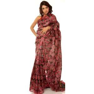Floral Printed Sari from Bangalore with Threadwork and Sequins   Pure 