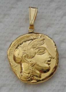 ATHENA GODDESS OF WISDOM WITH HER OWL, 24K GOLD PLATED COIN PENDANT 