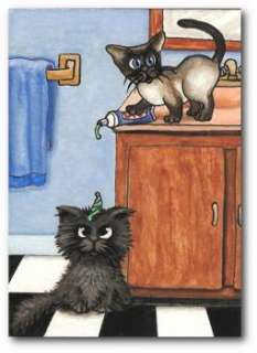 Siamese Cat Grey Kitten Bathroom Tricky Toothpaste Cat Humor ArT LE 