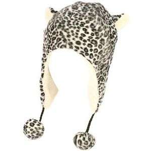   Fur Animal Print Cheetah Trooper Trapper Fleece Ski Pom pom Hat Black