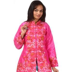  Hot Pink Kashmiri Jacket with Floral Embroidery   Pure 