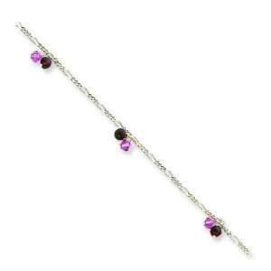   Silver Polished Rhodolite Garnet & Pink Crystal Beaded Anklet Jewelry