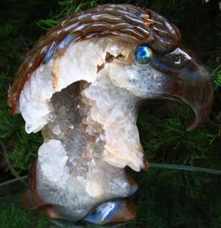 AWESOME GEODE Agate Carved Crystal Eagle Head, Labradorite Eyes  
