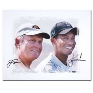 Tiger Woods Jack Nicklaus Signed on Canvas Framed UDA
