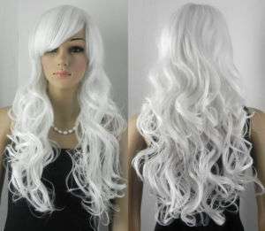 Anime Cosplay wig long Silvery white Wavy wig+ cap #43  