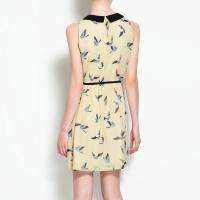 2012 Women Fashion Peter Pan Collar Cute Bird Prints Chiffon Dress XS 