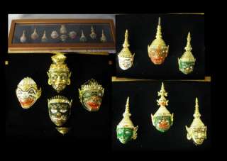 10 VINTAGE Enamel Rhinestone Thailand Mask Pin Brooches in Walnut Case 