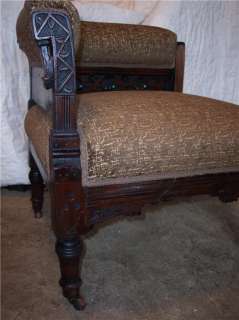 Walnut Carved Eastlake Corner Chair Parlor Chair brown chenille  