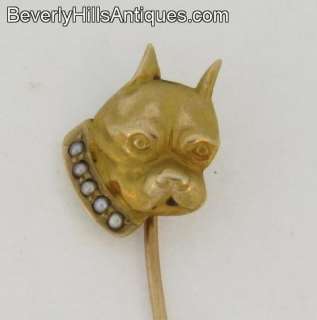 Beautiful Antique 14k Art Deco Stick Pin Boxer Dog Head 5 Pearls 