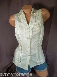 Beige button up crochet trim S M v neck shirt top blouse tank career 
