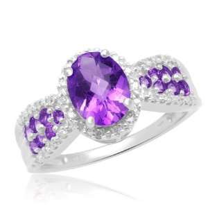 10k White Gold Checkerboard Oval Amethyst Center with Round Amethyst 