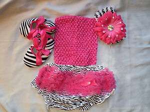 Zebra baby bloomers with crochet tutu top, crib shoes and headband w 
