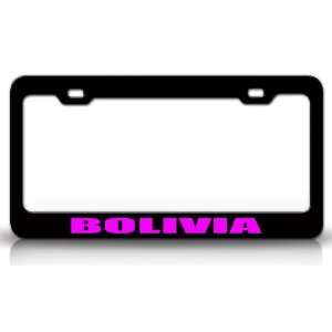 BOLIVIA Country Steel Auto License Plate Frame Tag Holder, Black/Pink