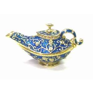  Vintage Blue Enamel Aladdin Teapot   Jewelry Trinket Box 
