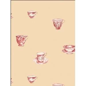  Decorative Teacups Red and White Wallpaper in Kitchen 