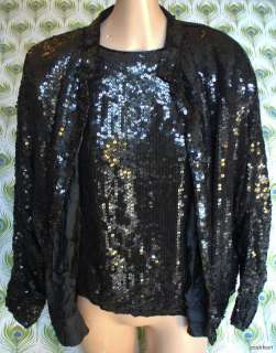 Black Sequin Vintage 80s Blouse & Trophy Jacket Lot Slouchy Silk Glam 