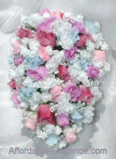   Cascade Bouquet Silk WEDDING Flowers Rose Pinks, Blue, Lavender  