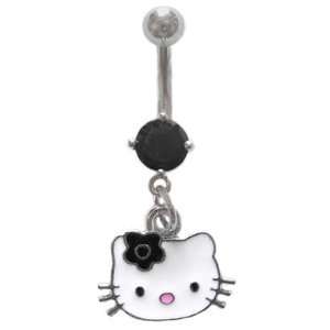 Hello Kitty Head Face w/ Black Flower dangle Belly navel Ring piercing 