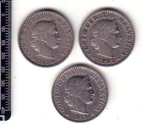 SWITZERLAND 1884,1908,1913 20 RAPPEN (3 COINS)  X6850  
