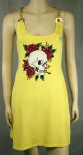 ED HARDY Skull Rose RHINESTONES Chain Dress Yellow SUN  