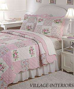 ROSE BLOOM CHIC SHABBY PINK BLUE COTTON TWIN QUILT SET  