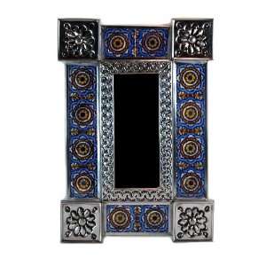  Mexican Tin Mirror with 2 Talavera Blue and Yellow Floral 