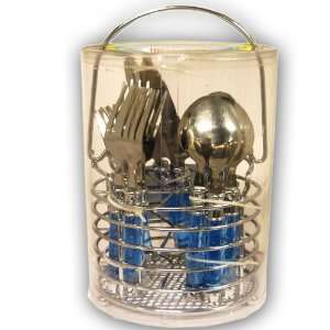   STEEL FLATWARE SET WITH OCEAN BLUE HANDLES AND CYLINDER CHROME CADDY
