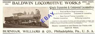 NEAT 1895 BURNHAM WILLIAMS BALDWIN STEAM LOCOMOTIVE AD  