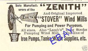 RARE 1890 STOVER ZENITH WINDMILL AD WIND MILL PUMP  
