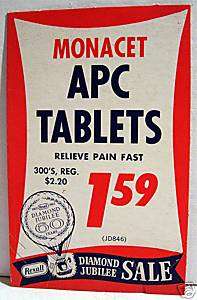 1950 Rexall Drug Store APC Tablets Sign Old Store Stock  