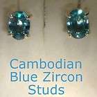 Blue Cambodian Zircon Gemstones in Handmade Sterling Silver Studs 